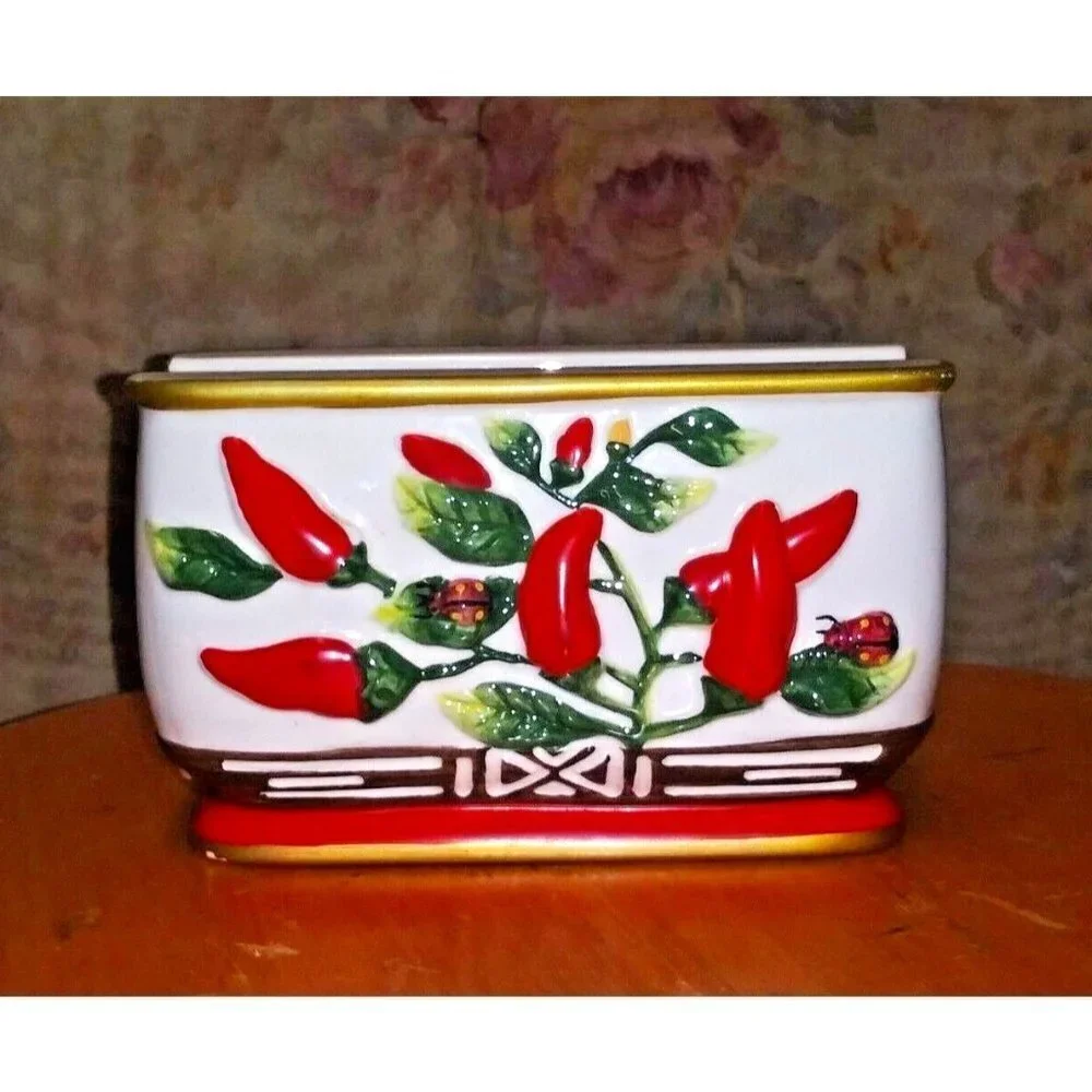 Vintage ceramic Napkin Holder red pepper red chillies embossed Unique Rare EUC